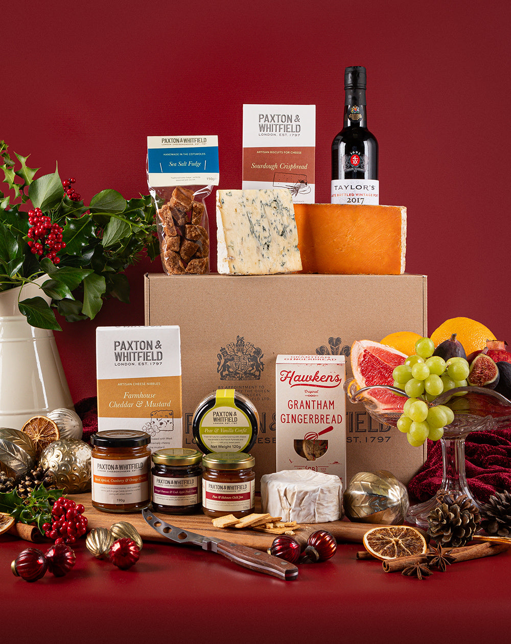 paxton and whitfield christmas gift hamper with a selection of cheeses crackers and chutneys