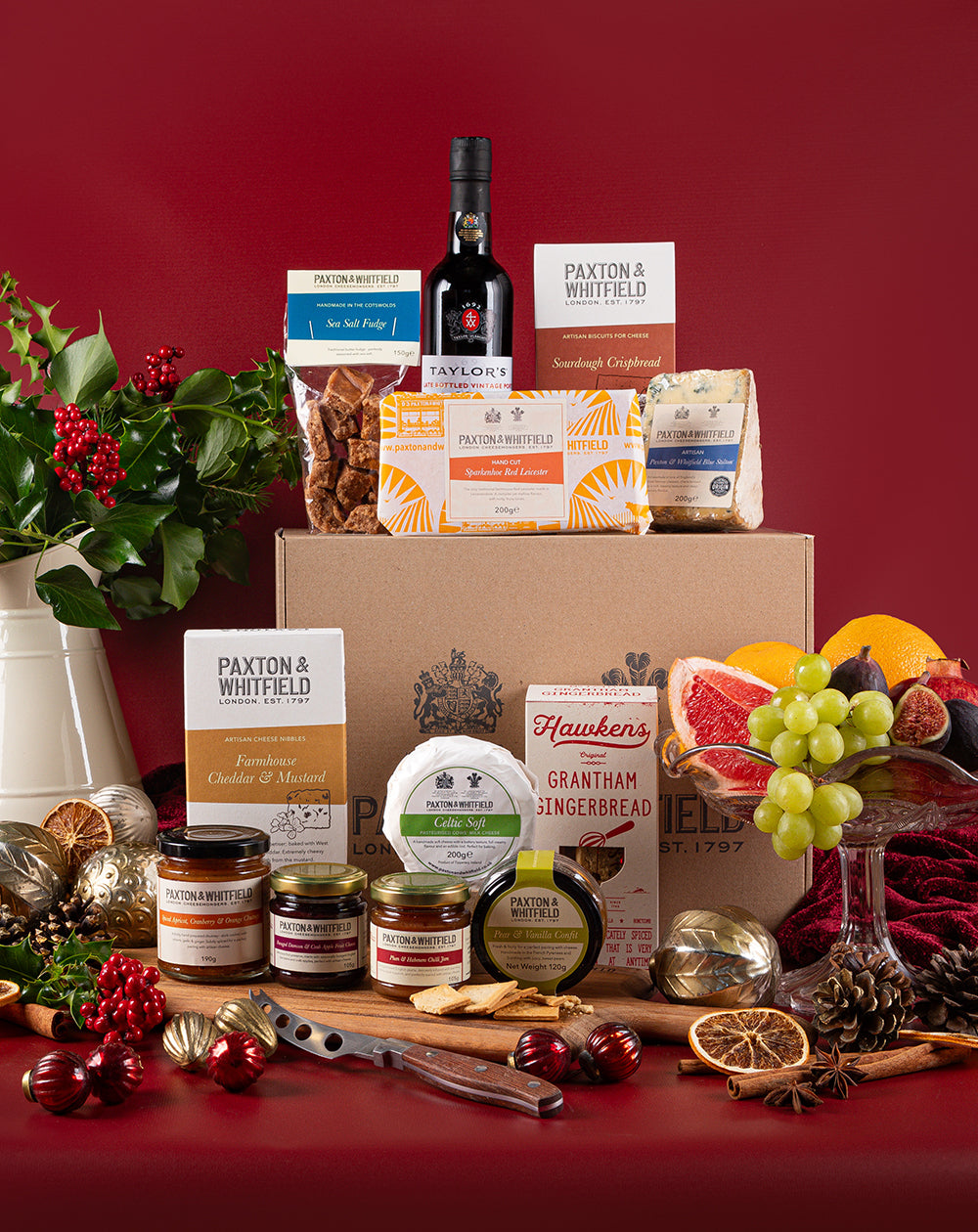 paxton and whitfield christmas gift hamper with a selection of cheeses crackers and chutneys