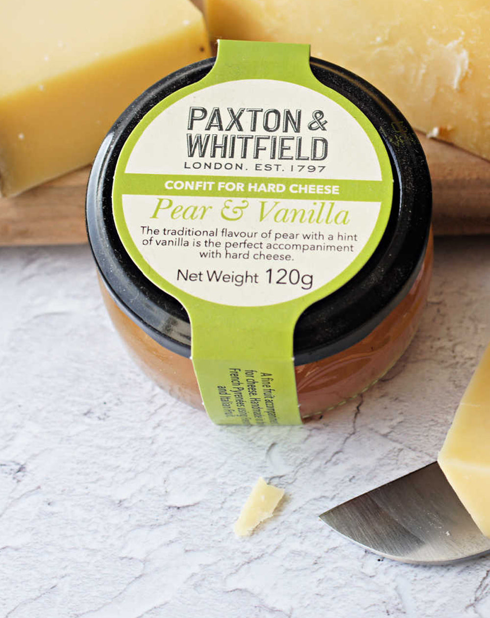 close up of paxton and whitfield pear and vanilla confit jar 