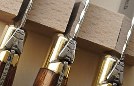 detail close up of paxton and whitfield wood 7 piece knife set