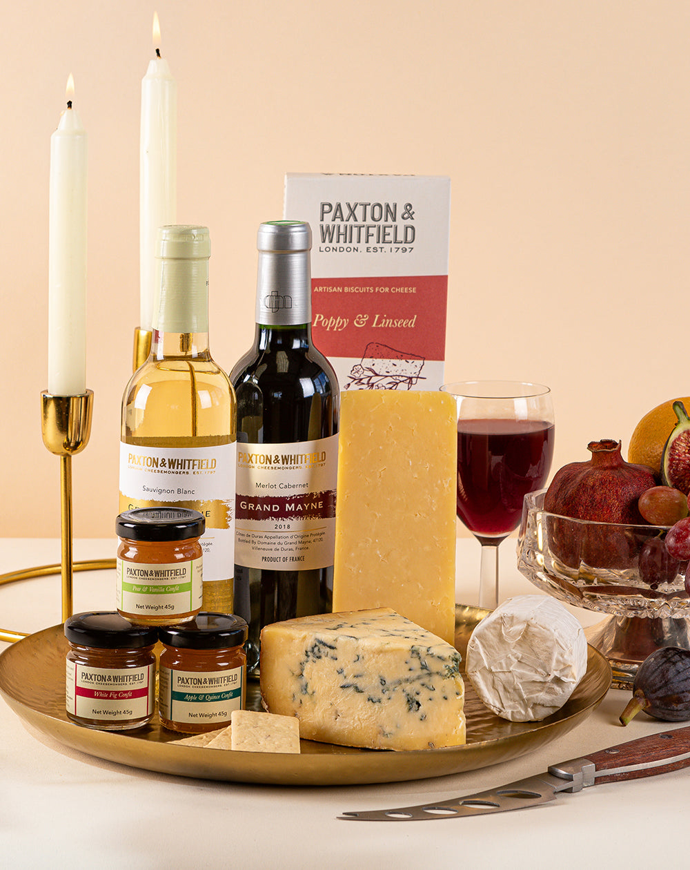 Cheese & Wine Gift for two - Cheeseboard with Wine - Paxton & Whitfield