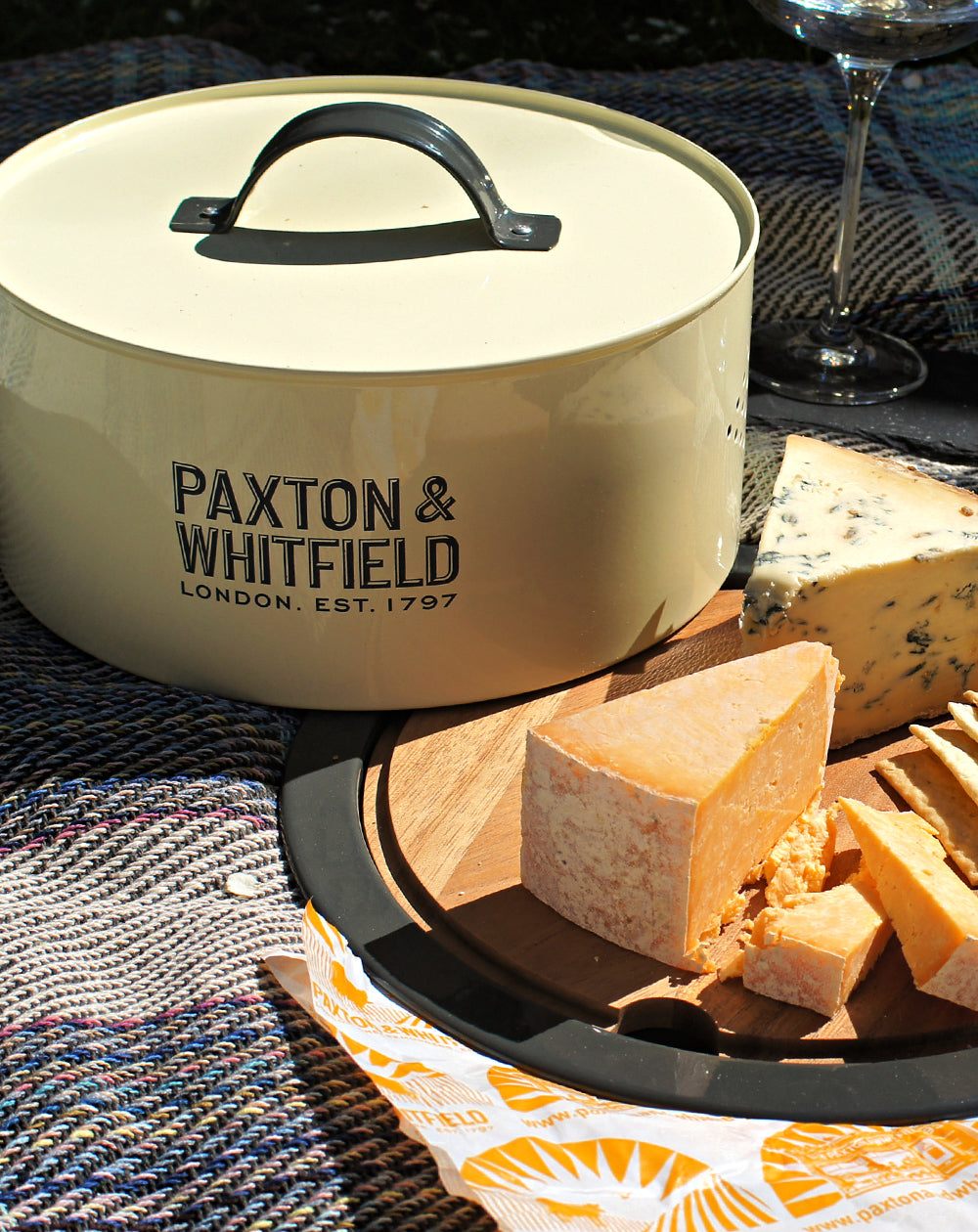 cheese storage, metal paxton & whifield branded cheese cover and wooden board