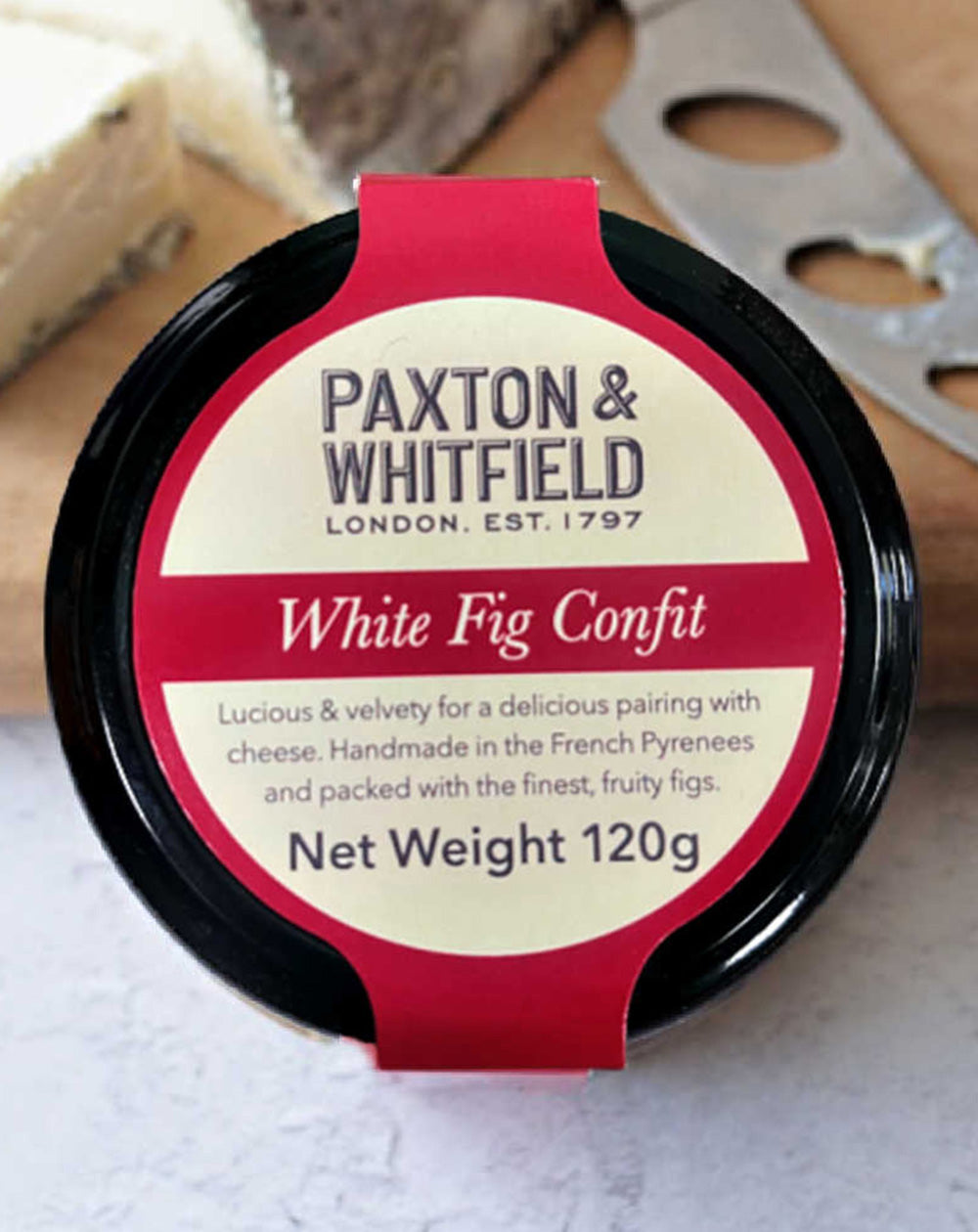 close up of paxton and whitfield white fig confit jar