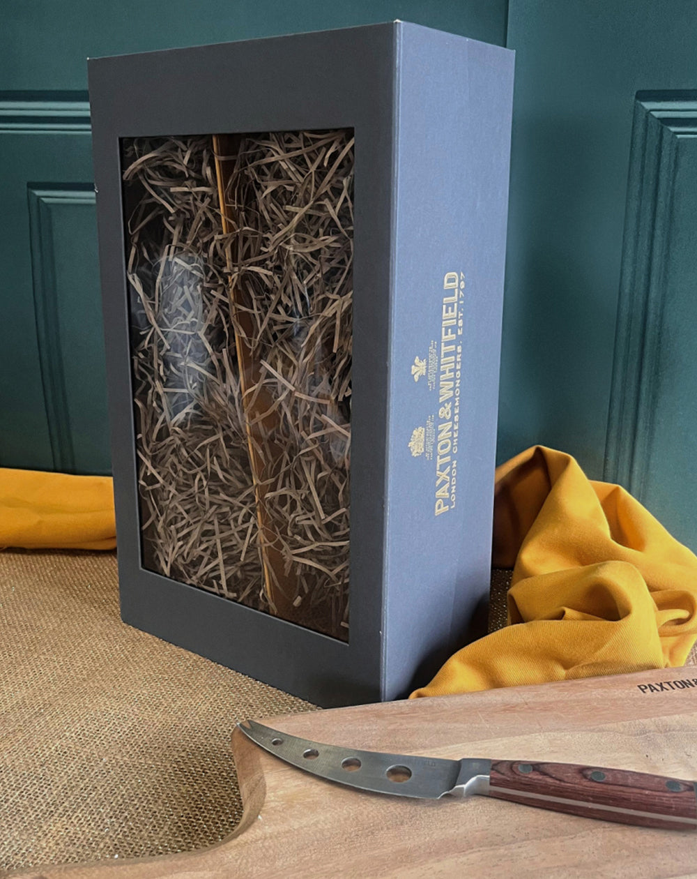 Luxury grey hamper box with Paxton & Whitfield embossed in gold