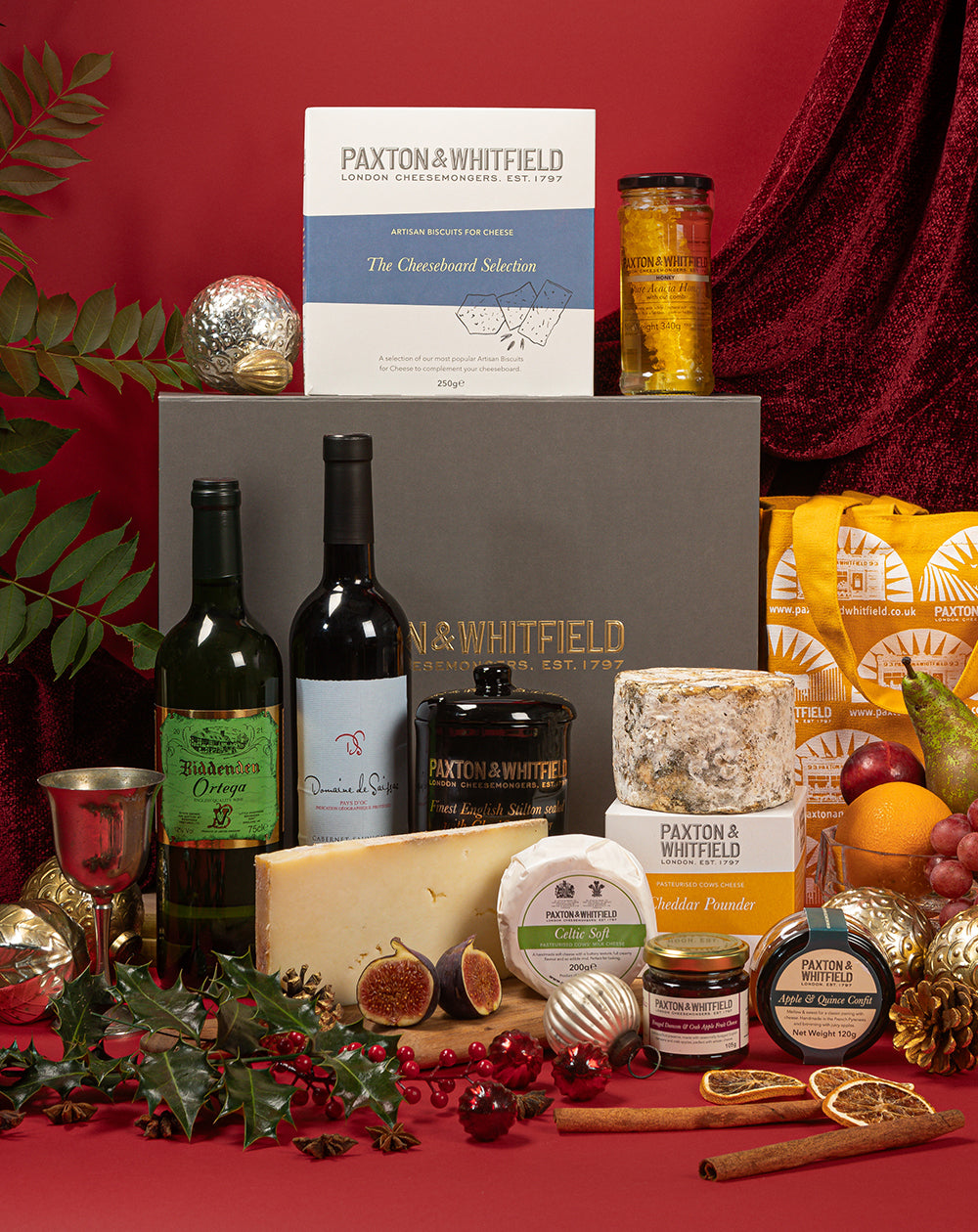 paxton and whitfield cheese and wine hamper with selection of crackers and chutneys and honey