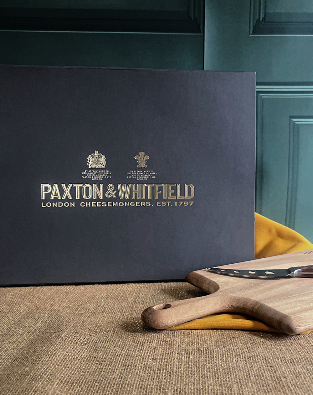 Luxury grey hamper box with Paxton & Whitfield embossed in gold